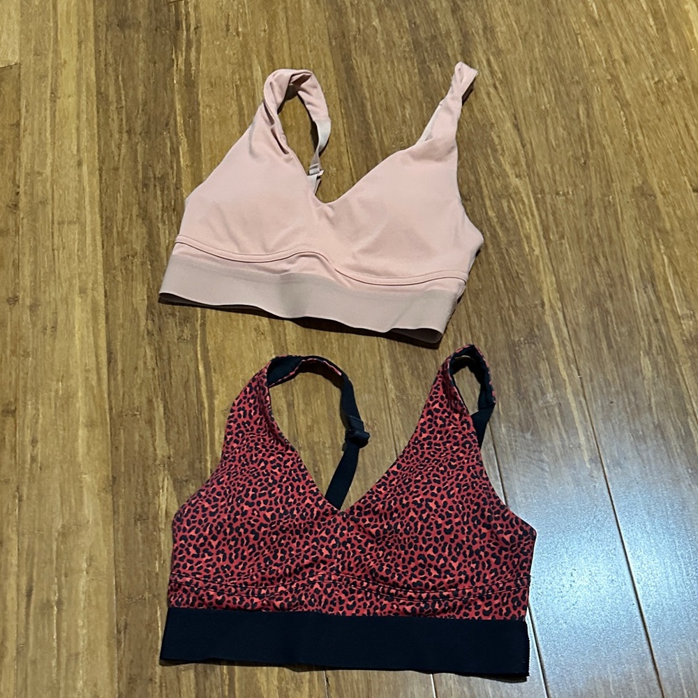 Fabletics Pink and Red Leopard Print Sports Bras